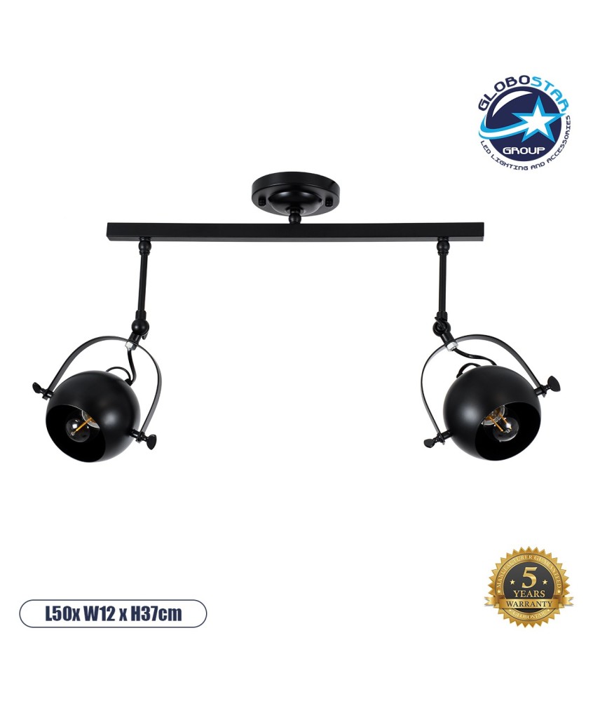 GLOBOSTAR® CANNES 01081 Μοντέρνο Φωτιστικό Οροφής με Ντουί 2 x E27 AC 220-240V IP20 - Μαύρο - Μ61 x Π12 x Υ48cm